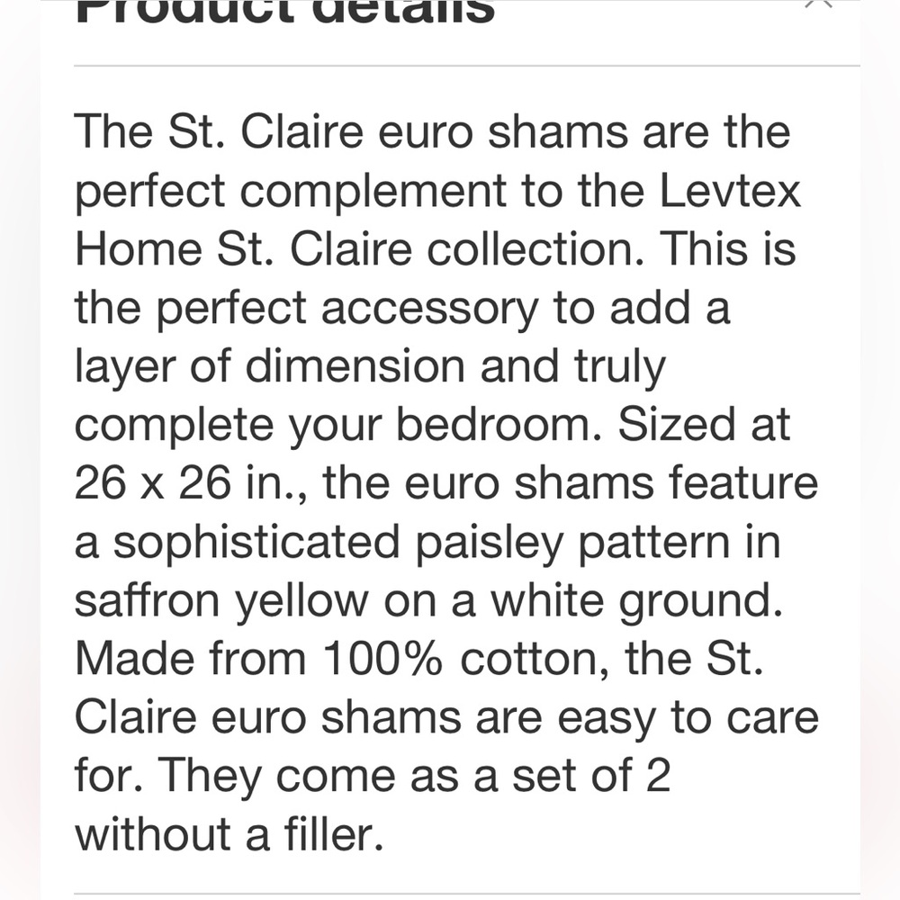 LEVTEX NWT 2pc St. Claire paisley euro shams -saffron yellow/white -26” - Picture 5 of 6